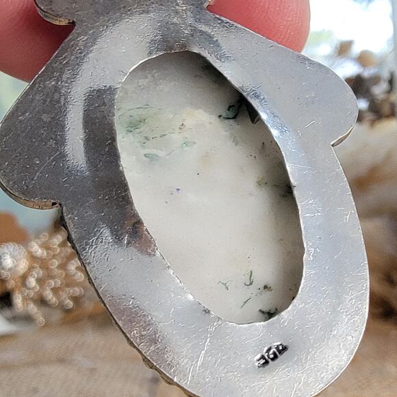 Ethereal White Moss Agate Pendant, Sterling Silver Necklace With Pearl - Picture 2 of 8